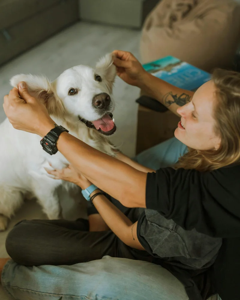 chien blanc avec une femme