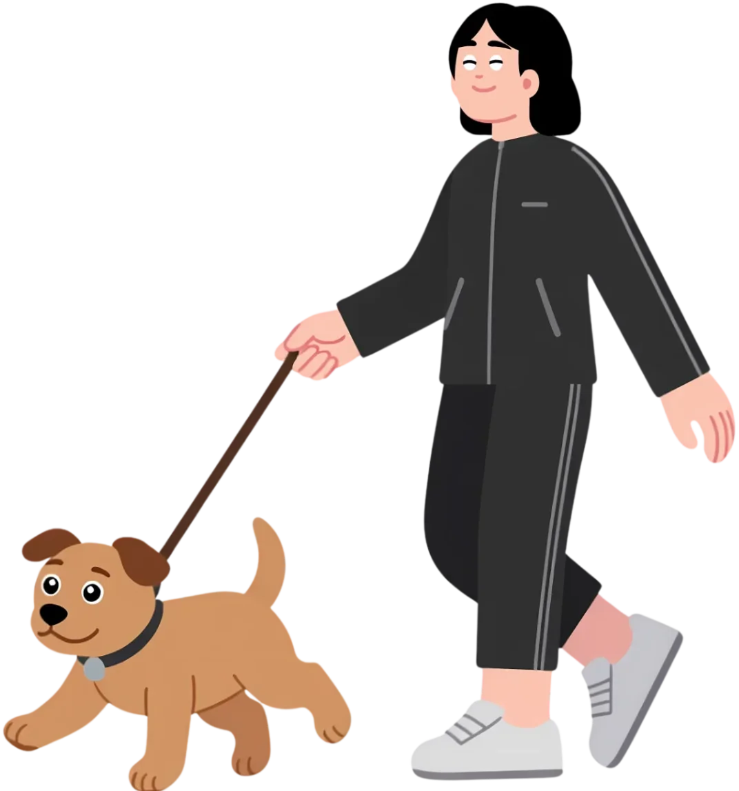 illustration d'une femme en train de promener un chien brun