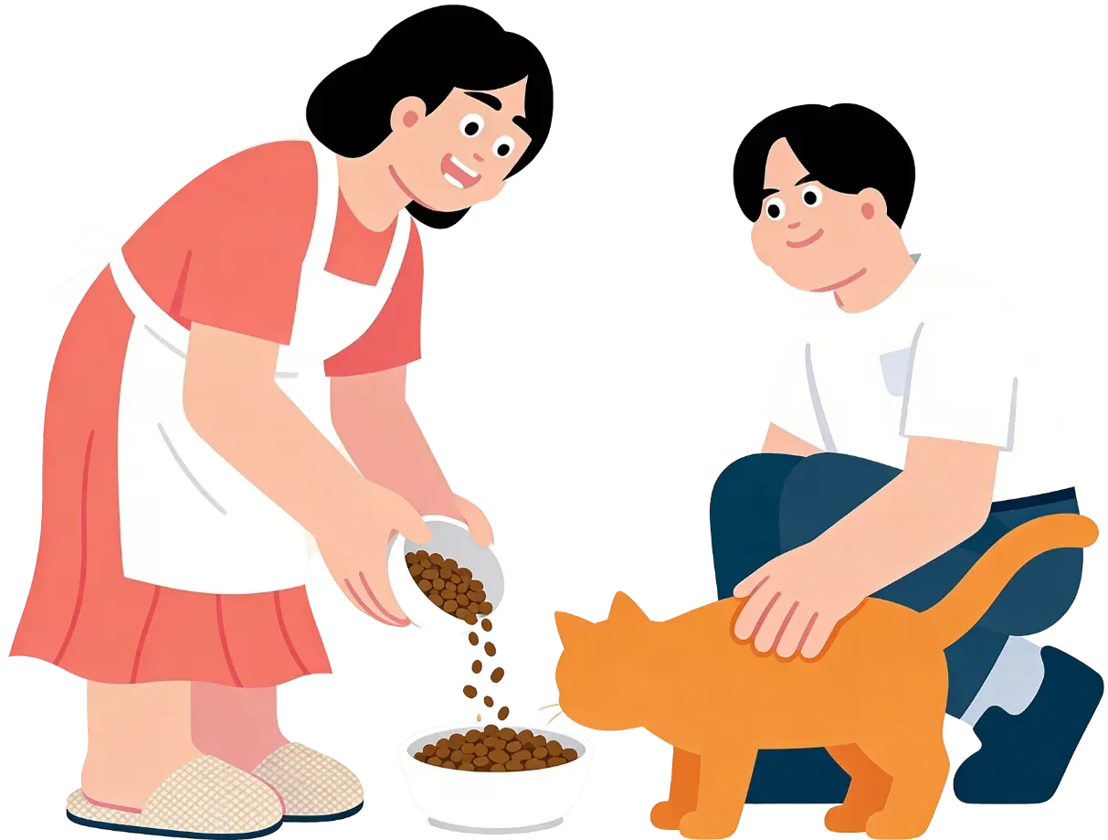 homme et femme donnant à manger à un chat